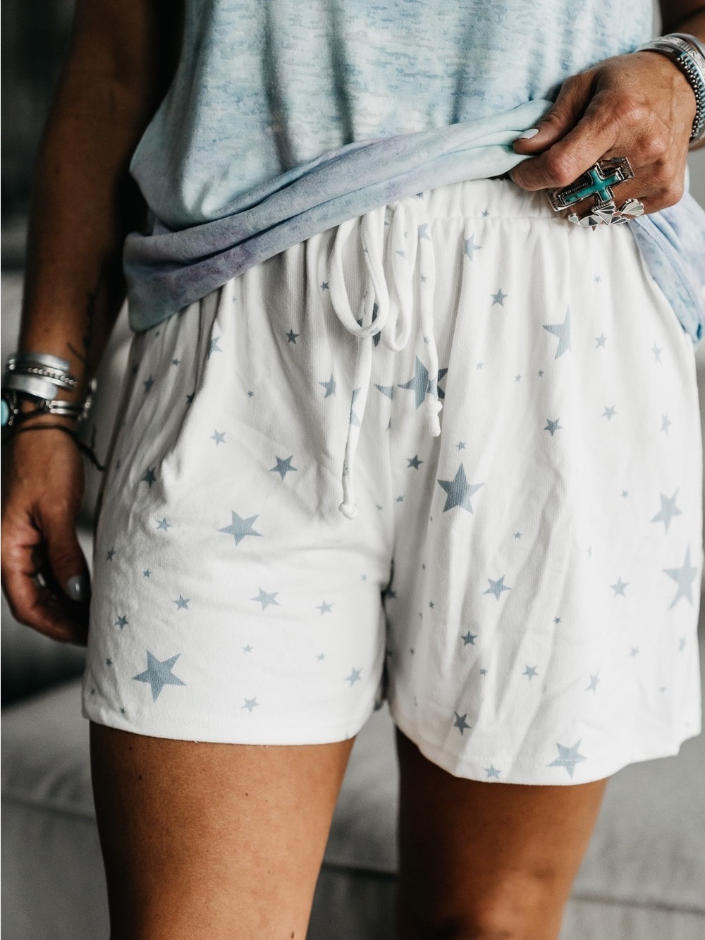 First Love White High Waist Star-Print Shorts with Light Blue Stars